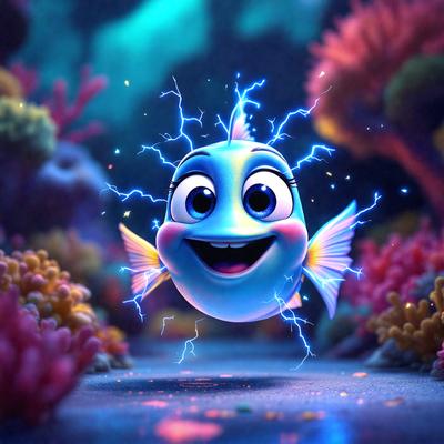 The primary subject of the image is a cartoon fish with a lightning bolt on its head, which appears to be a digital art or illustration. The fish is smiling and is the main focus of the scene. The setting is a colorful underwater environment, with a variety of plants and coral visible in the background. The visual style is vibrant and lively, with the fish's lightning bolt adding a playful and dynamic element to the image. The colors and mood are cheerful and ener